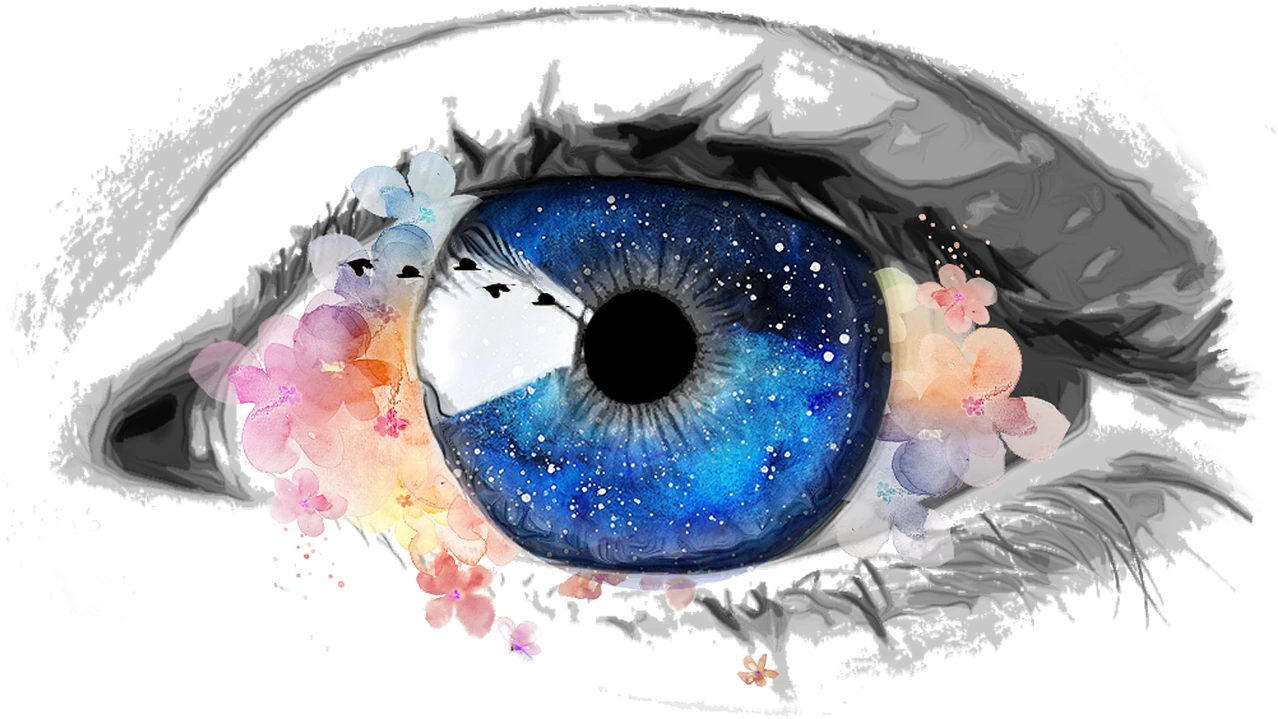 An eye drawn in gray pencil, its iris a blue night sky full of stars, with watercolor flowers at its corner.